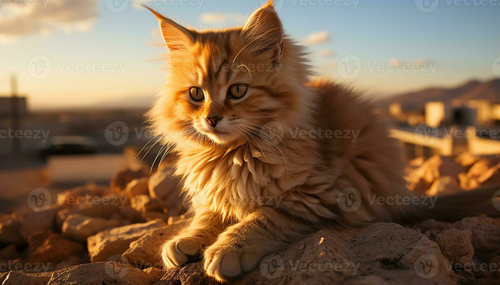 AI generated Cute kitten sitting in grass, looking at sunset with curiosity generated by AI photo