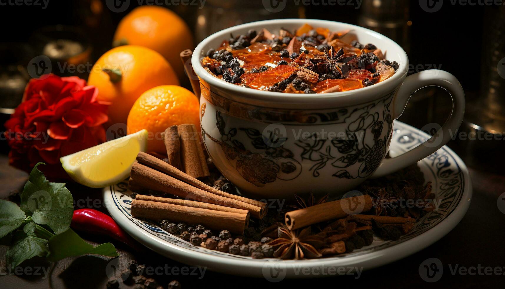 AI generated Hot drink on wooden table, spices add warmth and flavor generated by AI photo