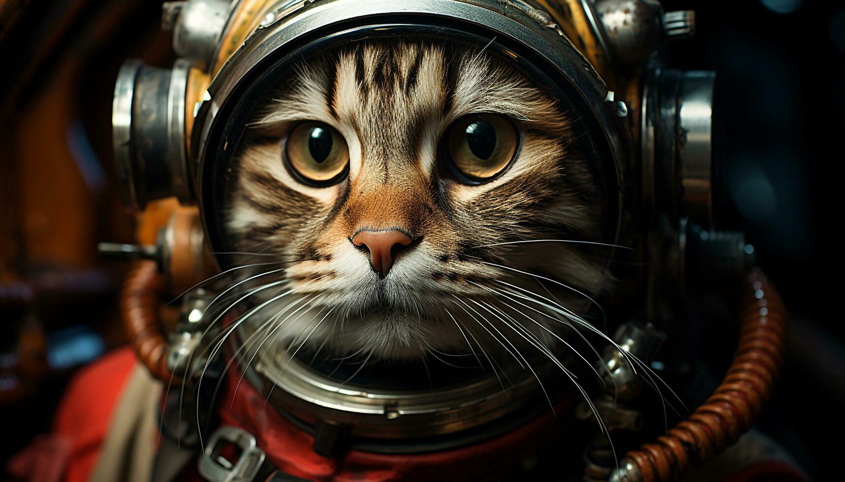 AI generated Cute kitten looking at camera with headphones, sitting indoors generated by AI photo