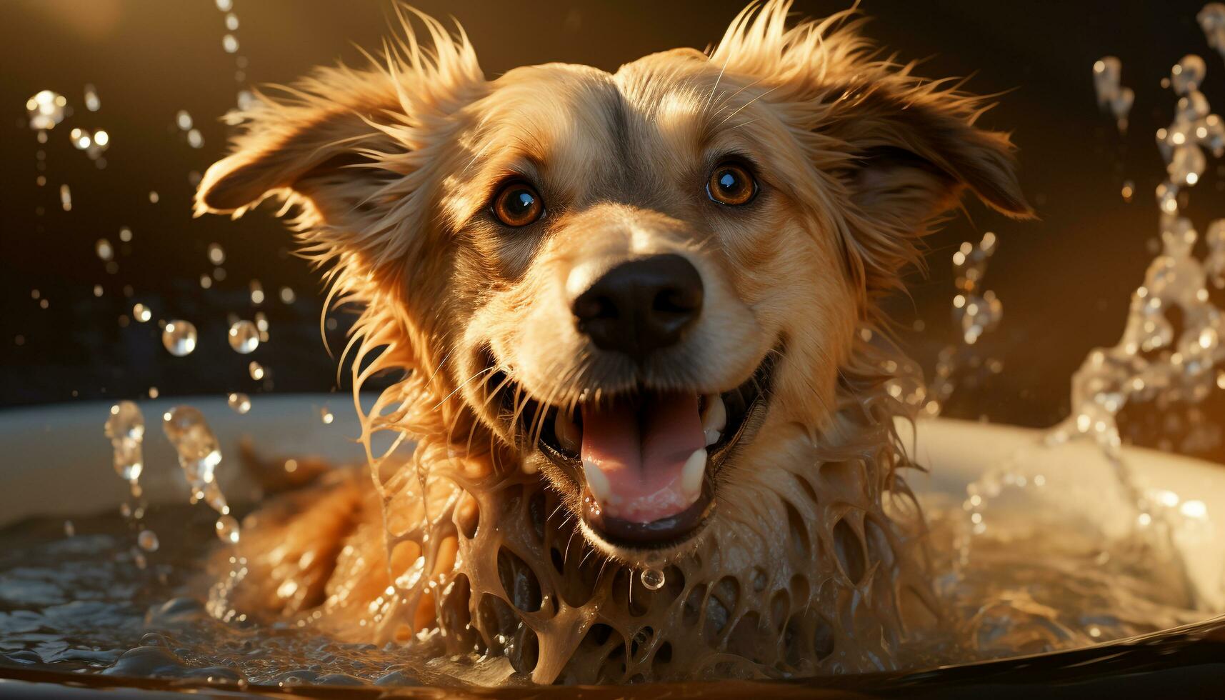 ai generado linda mojado perrito sentado en bañera, disfrutando un refrescante ducha generado por ai foto