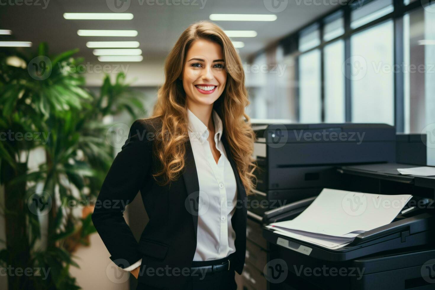 AI generated Office worker prints paper on multifunction laser printer. Document and paperwork concept. Secretary work. Smiling woman working in business office. Copy, print, scan, and fax machine. photo