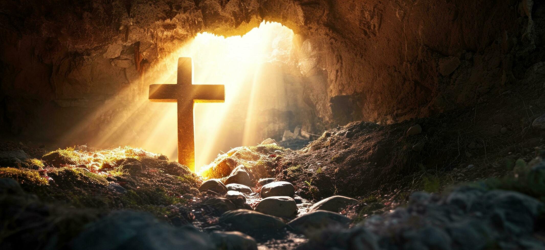 AI generated a cross and sun rise outside a cave photo