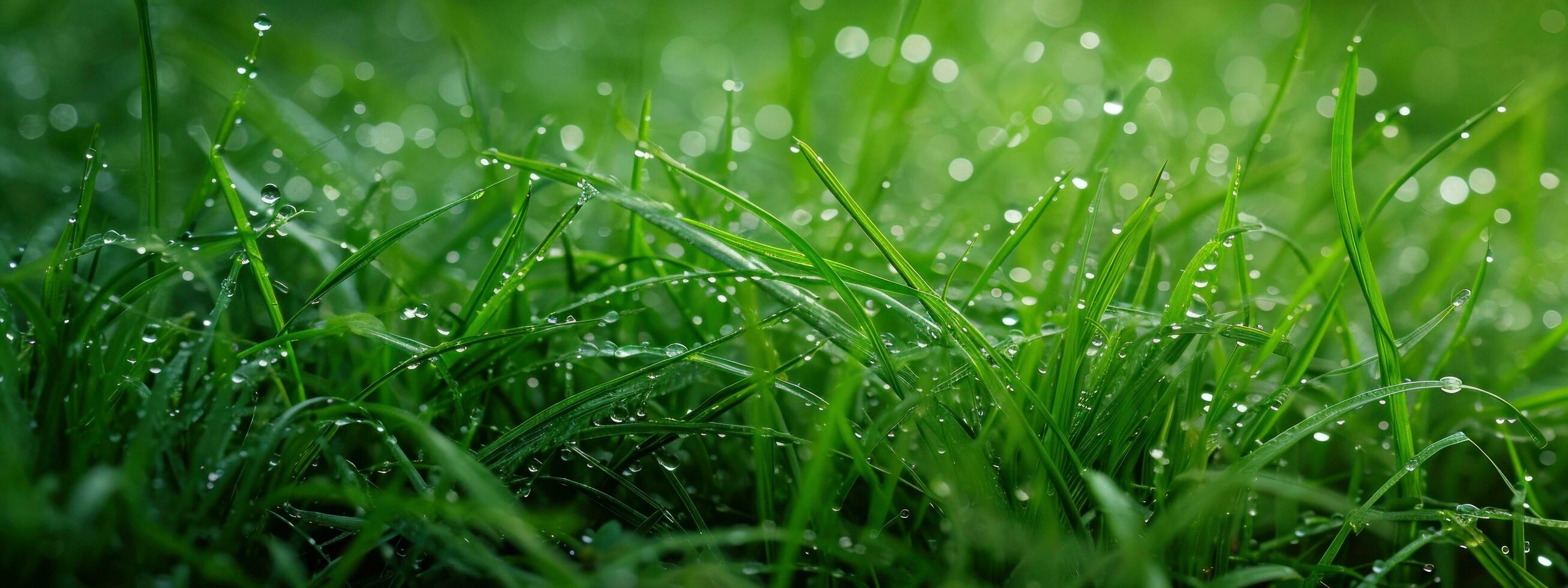 AI generated beautiful green grass, dew droplet. photo