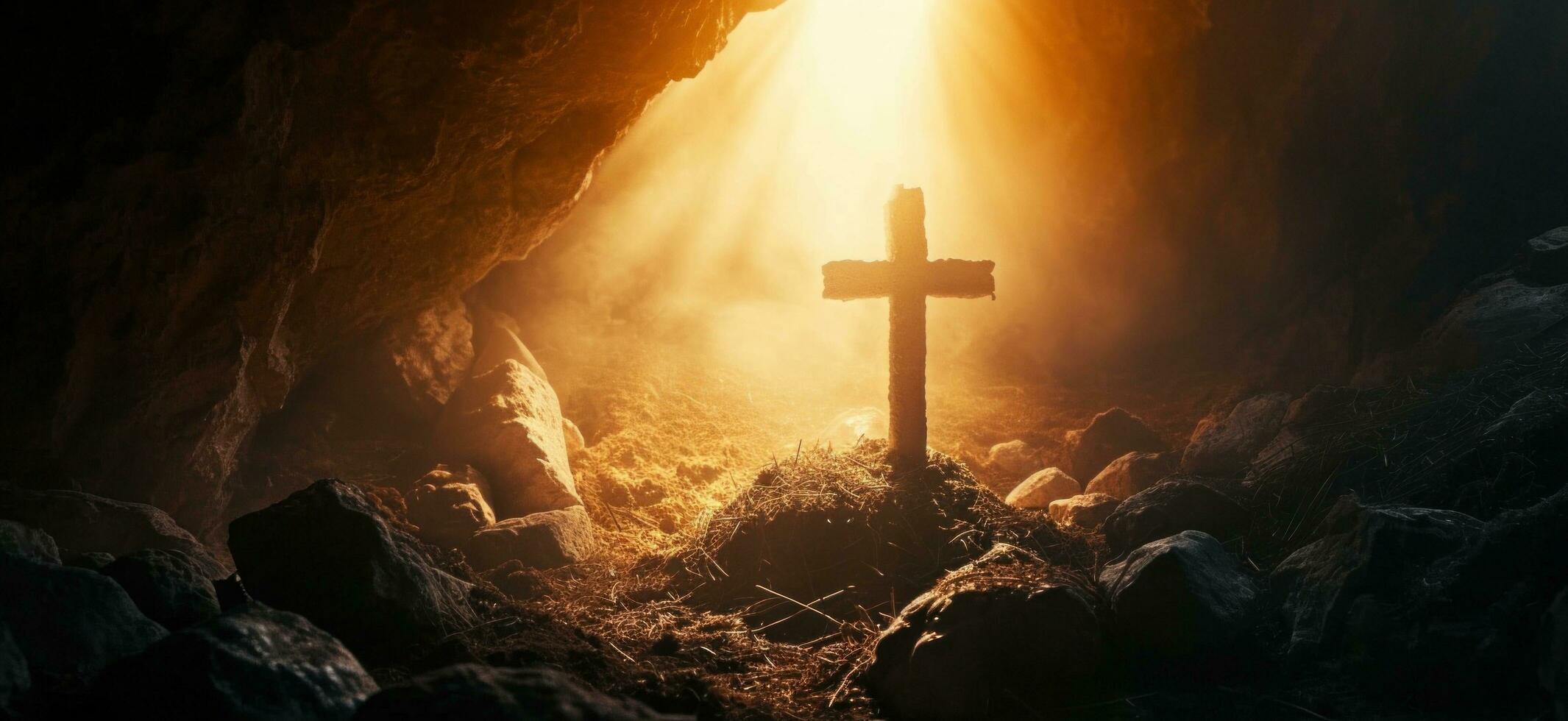 AI generated a cross and sun rise outside a cave photo