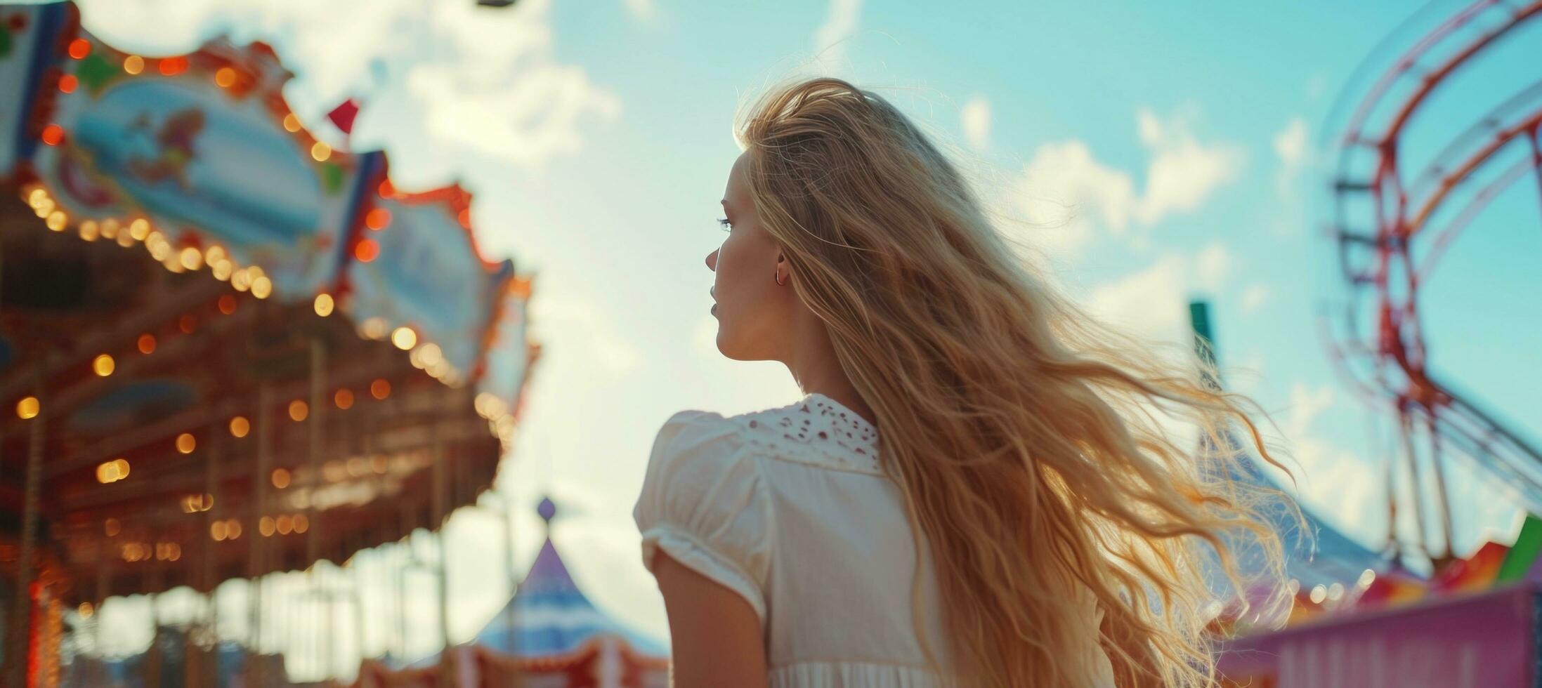 AI generated an attractive blonde woman walks on a fairground. photo