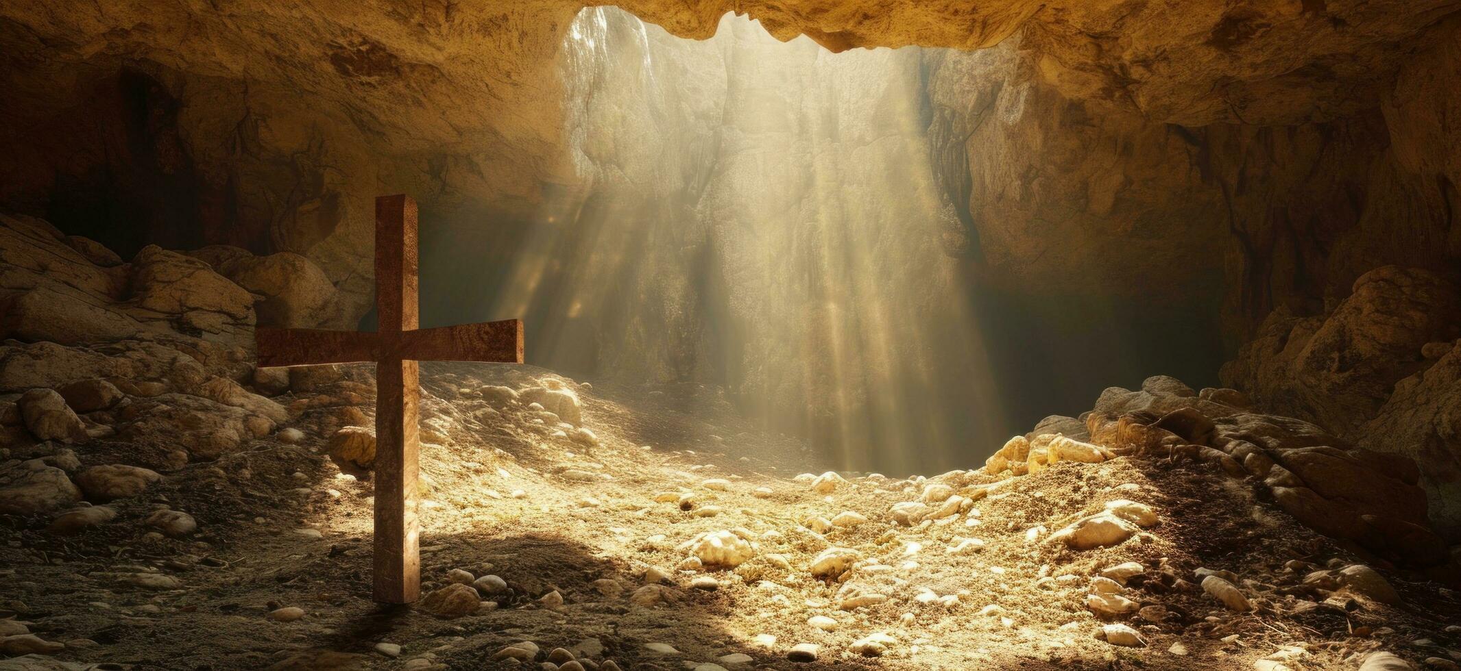 AI generated cross in an isolated cave, with sunlight coming through the crack. photo