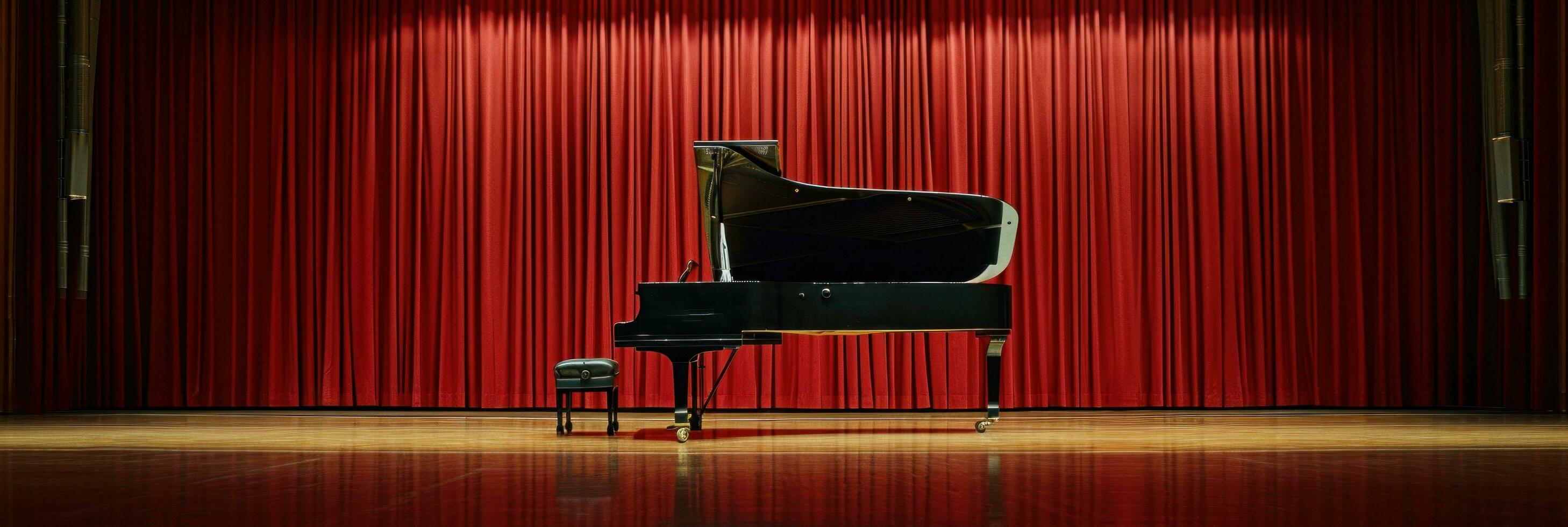 ai generado un antiguo estilo grandioso piano es sentado en frente de rojo cortinas foto