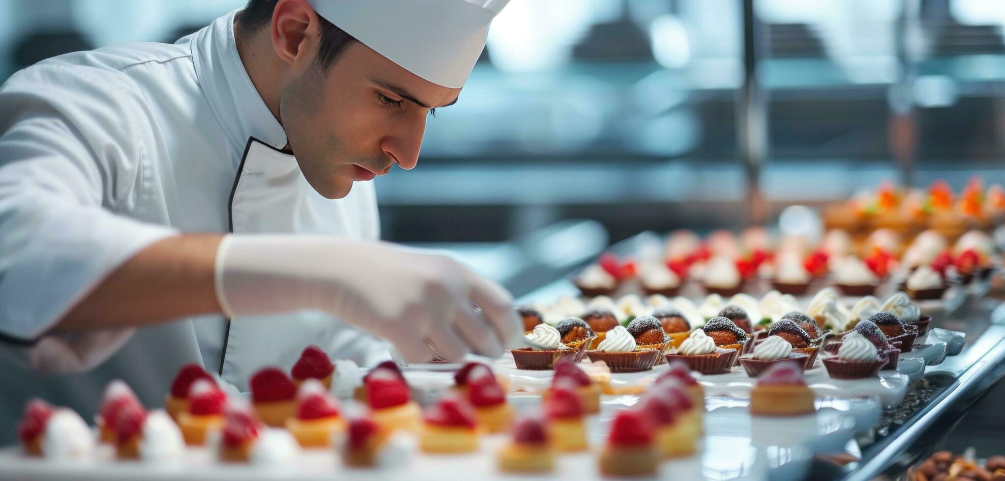 ai generado cocinero en blanco cocinero montaje un postre en un cocina. foto