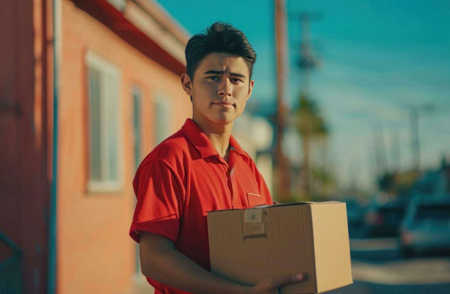 AI generated one delivery man in a red shirt holding a box. photo