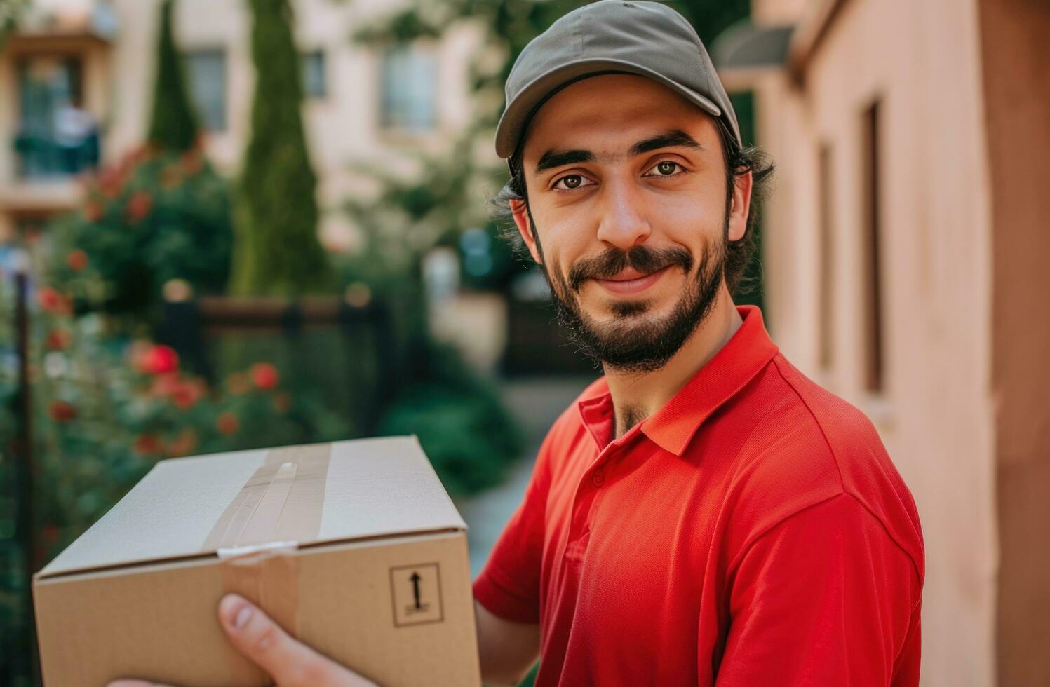 AI generated one delivery man in a red shirt holding a box. photo