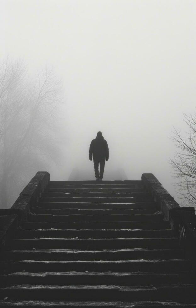 AI generated man standing up on a staircase in a foggy day. photo