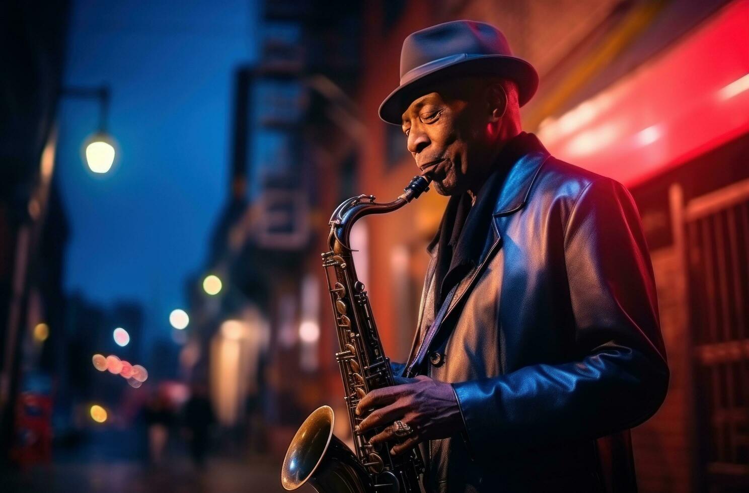 AI generated jazz musician street night light footage at dusk and night. photo