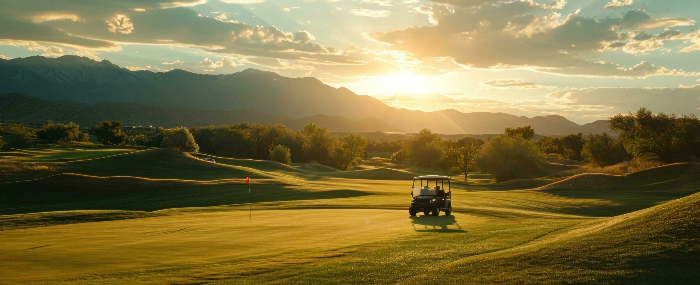 AI generated golf cart at sunset on the golf course with mountains in background photo