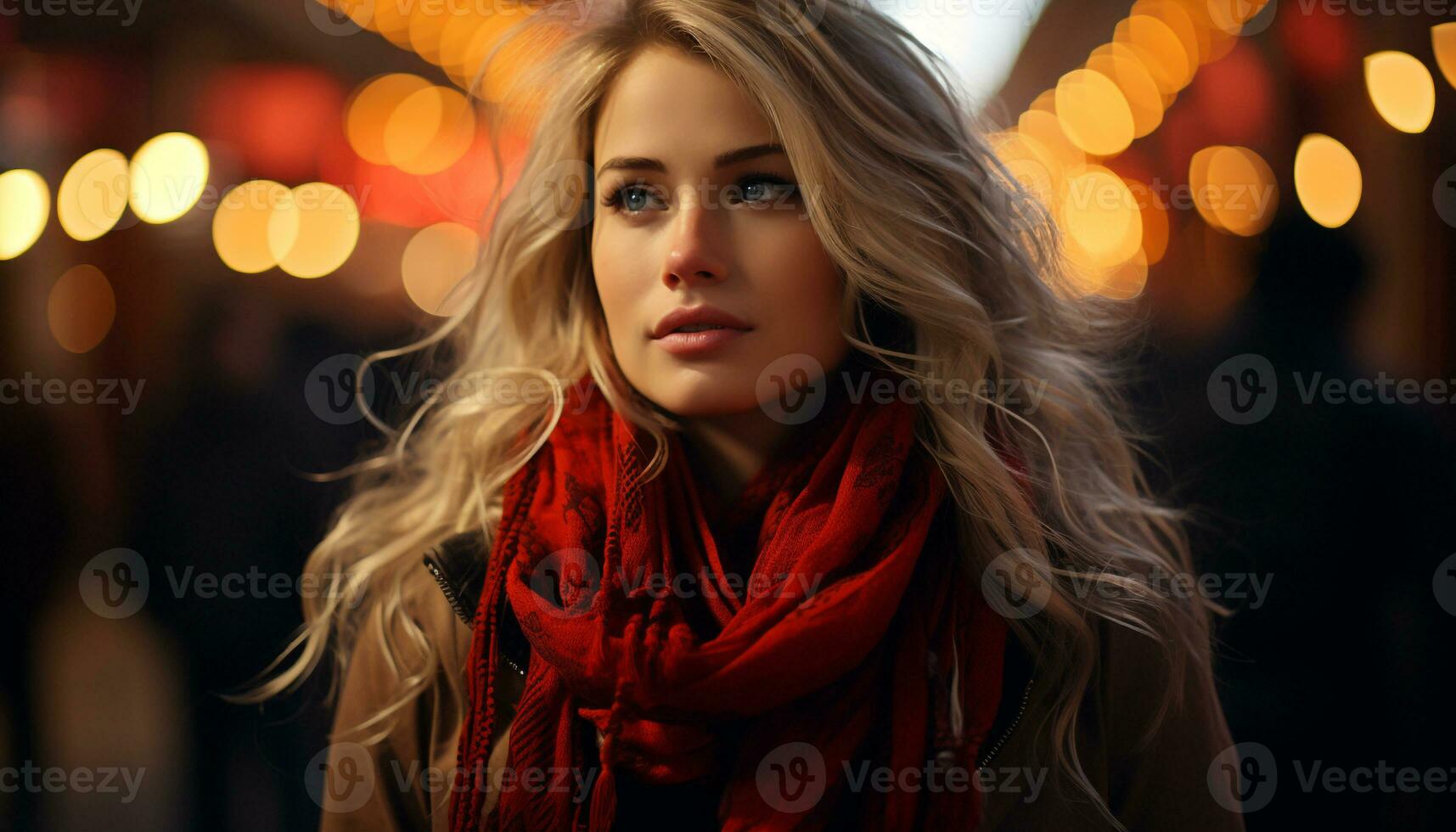 AI generated Young woman with long blond hair looking at camera outdoors generated by AI photo