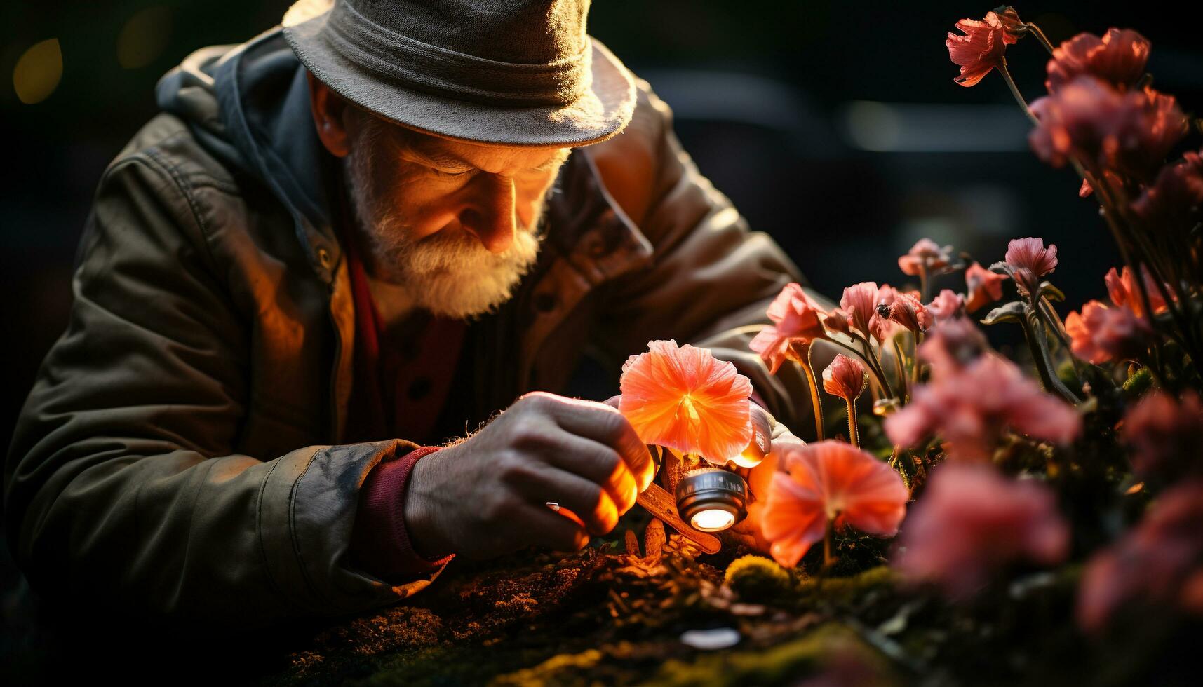 AI generated Senior man planting flowers outdoors, enjoying retirement and nature generated by AI photo