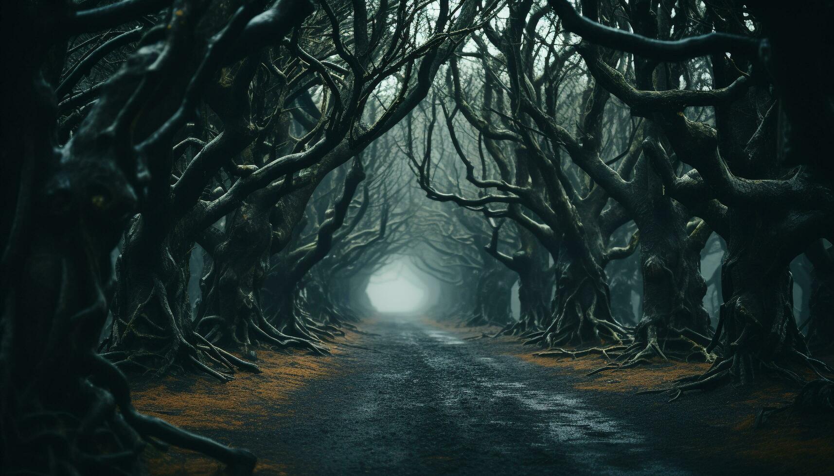 AI generated Spooky forest, dark mystery, horror landscape, old foggy branch generated by AI photo