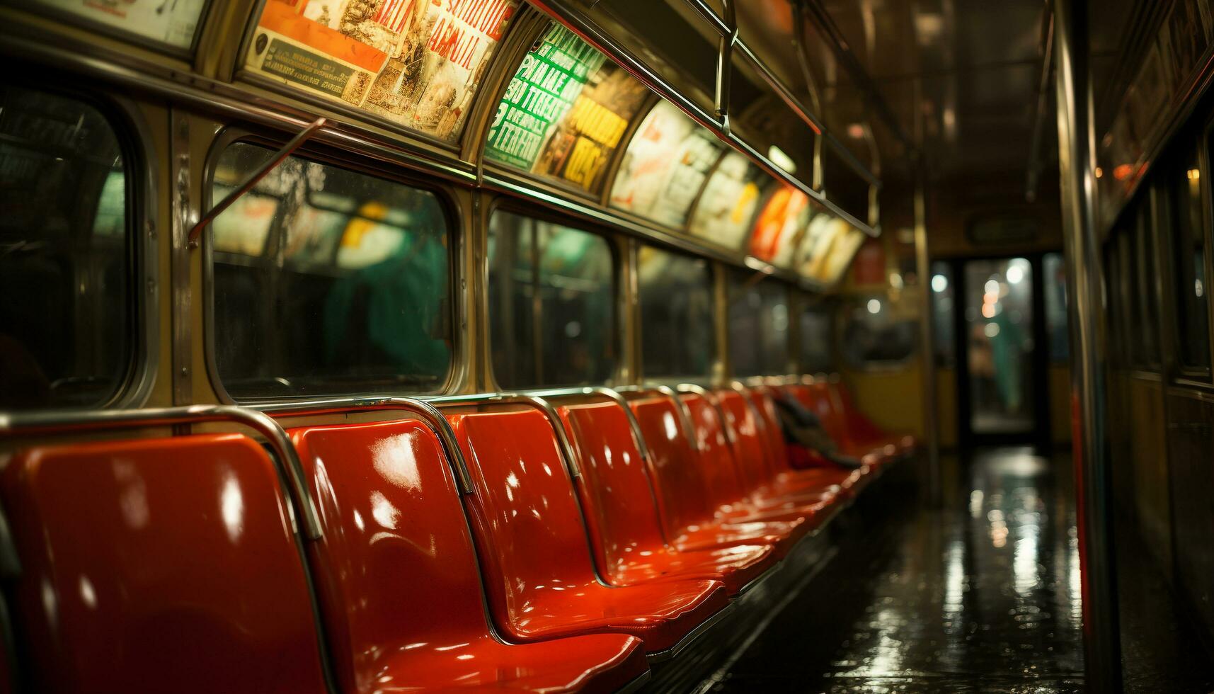 AI generated Modern city life Inside an old bus, reflections of illuminated architecture generated by AI photo