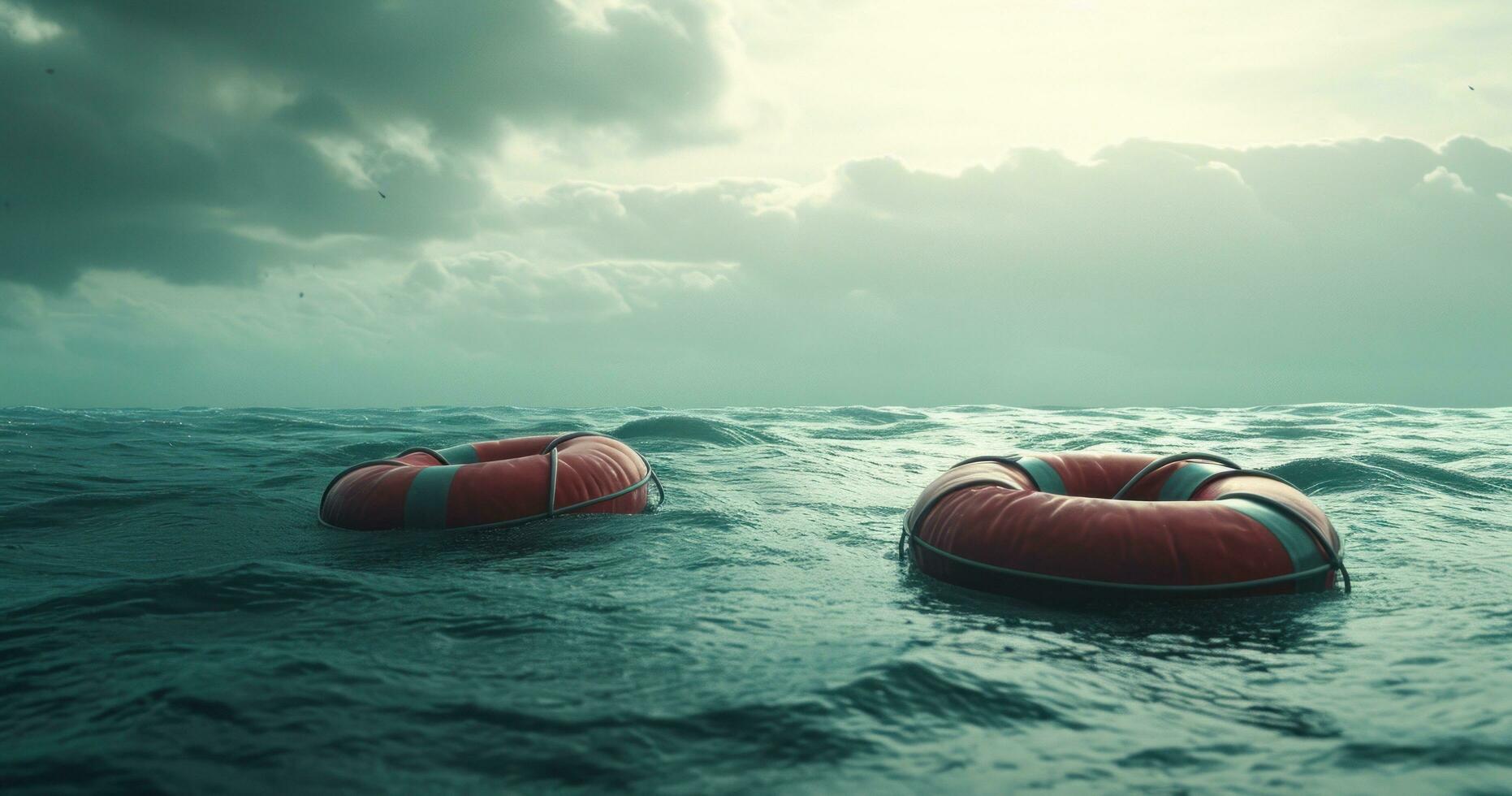 AI generated two rafts floating in the ocean between life preserver buoys. photo