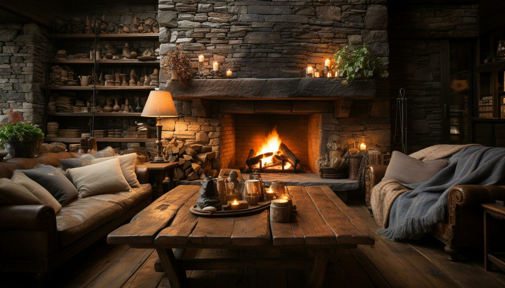 AI generated Cozy modern living room with comfortable sofa and fireplace generated by AI photo
