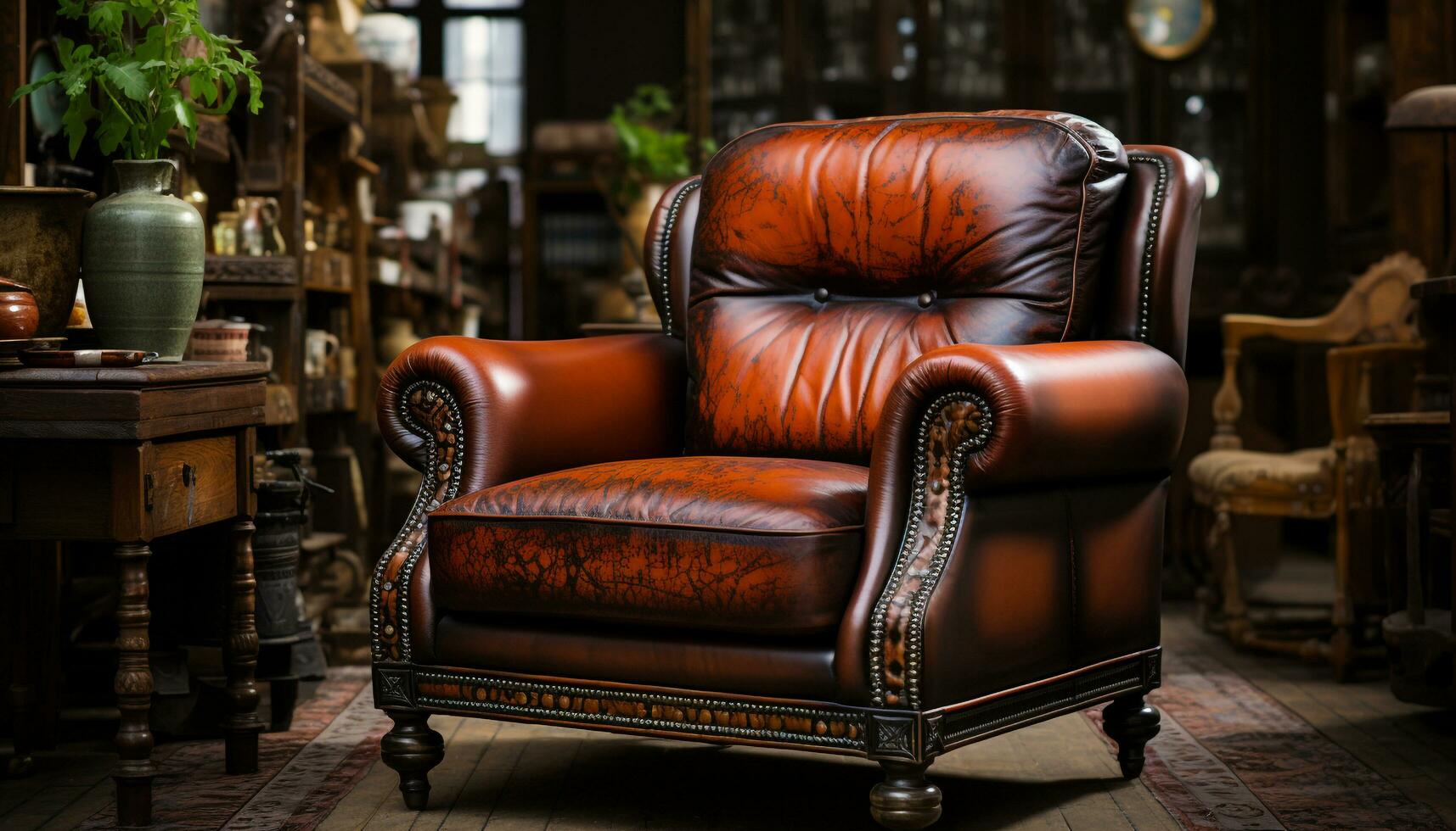 AI generated Cozy living room with old fashioned leather armchair and rustic wood generated by AI photo