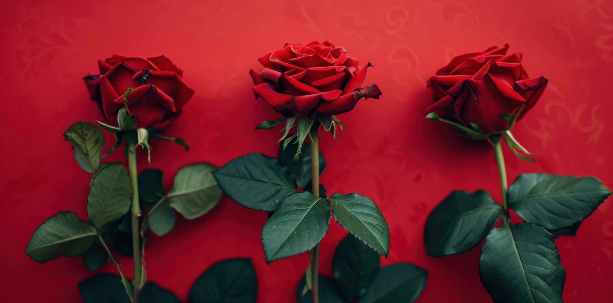 AI generated red roses with green leaves next to one another. photo