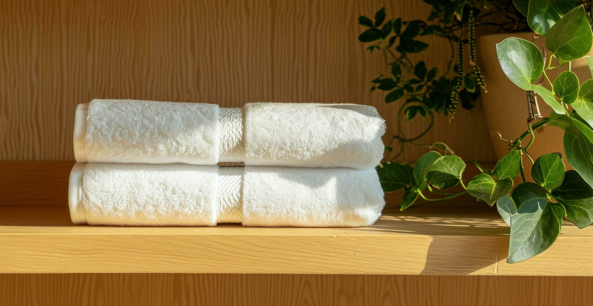 AI generated two pairs of white towels are sitting on top of a wood shelf photo