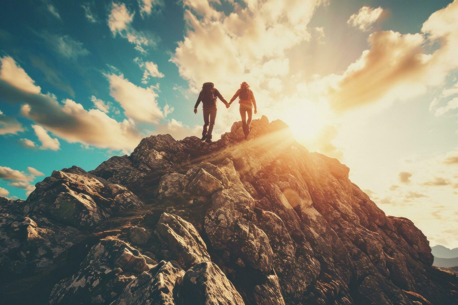 AI generated two people are holding hands at the top of a rocky mountain. photo