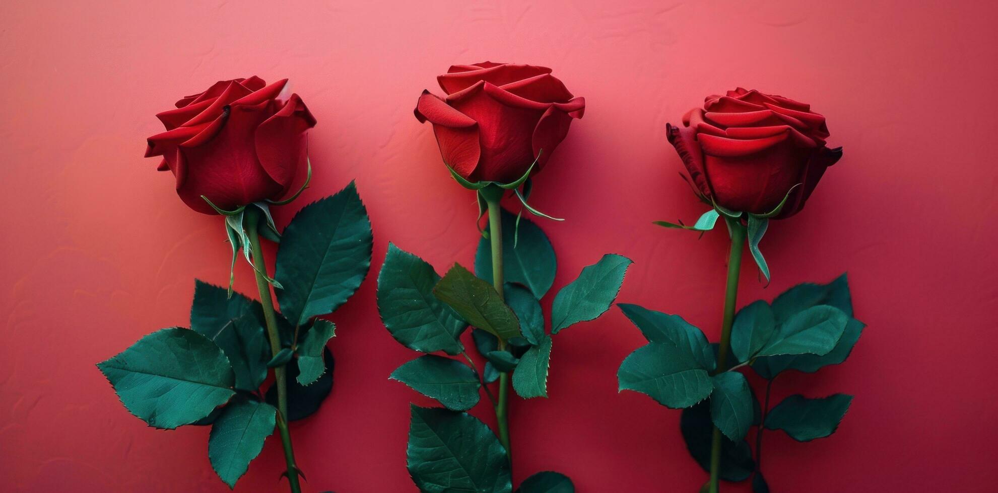 AI generated red roses with green leaves next to one another. photo