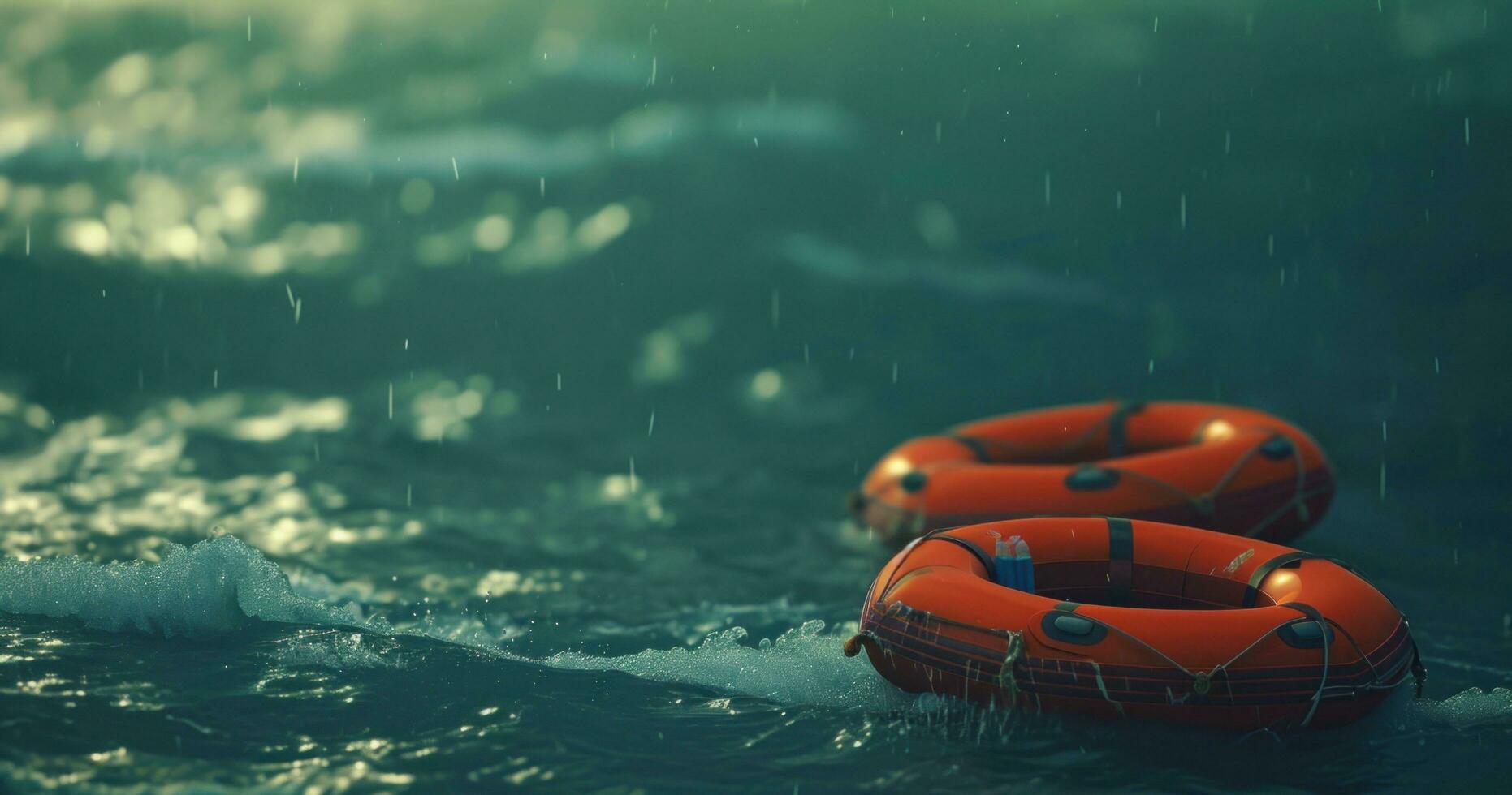 AI generated two rafts floating in the ocean between life preserver buoys. photo
