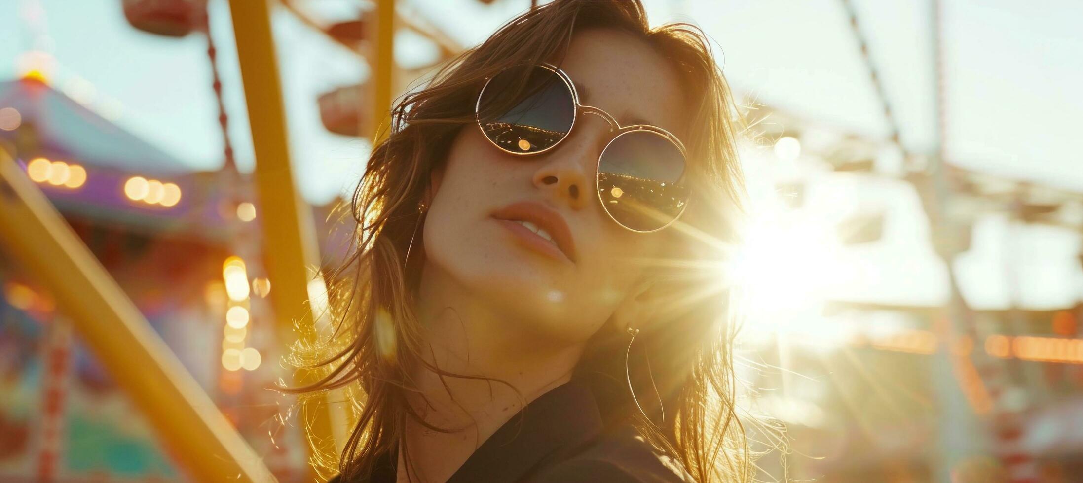 ai generado mujer vistiendo Gafas de sol con un diversión parque en el antecedentes. foto