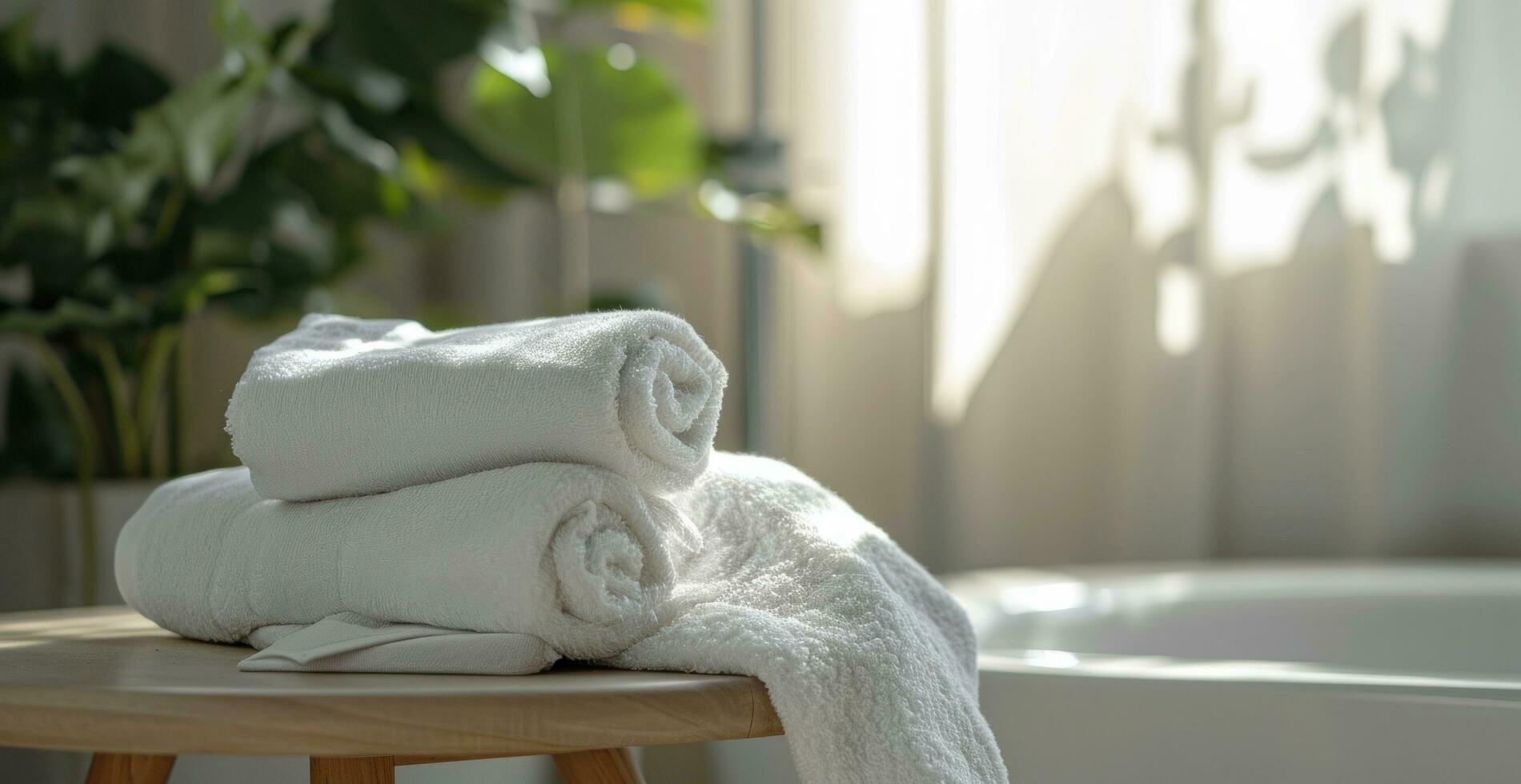 AI generated white towels are placed on a table in a bathroom. photo