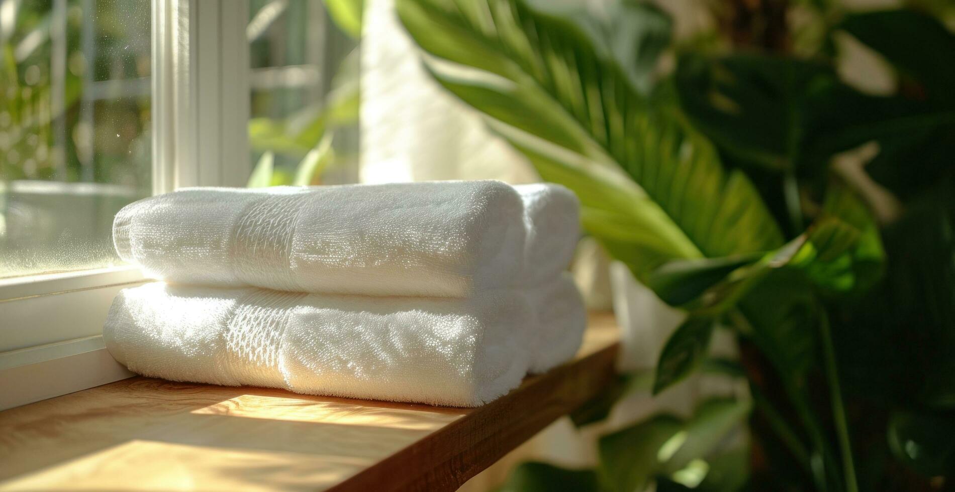 AI generated white towels are placed on a table in a bathroom. photo