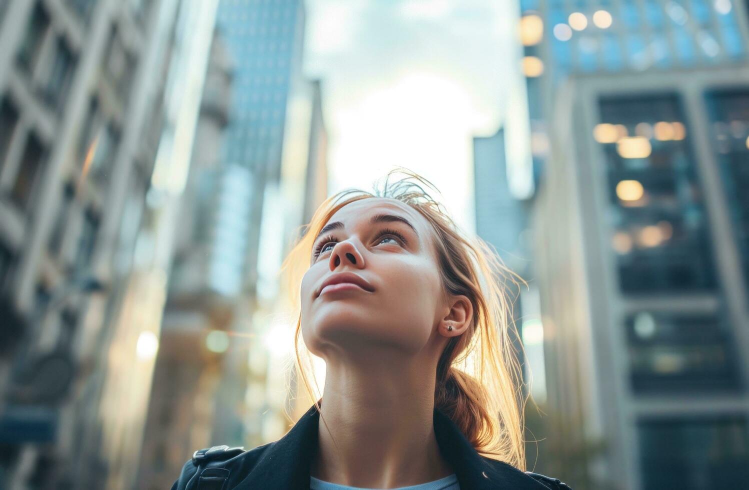 AI generated young businesswoman looking up in big city. photo