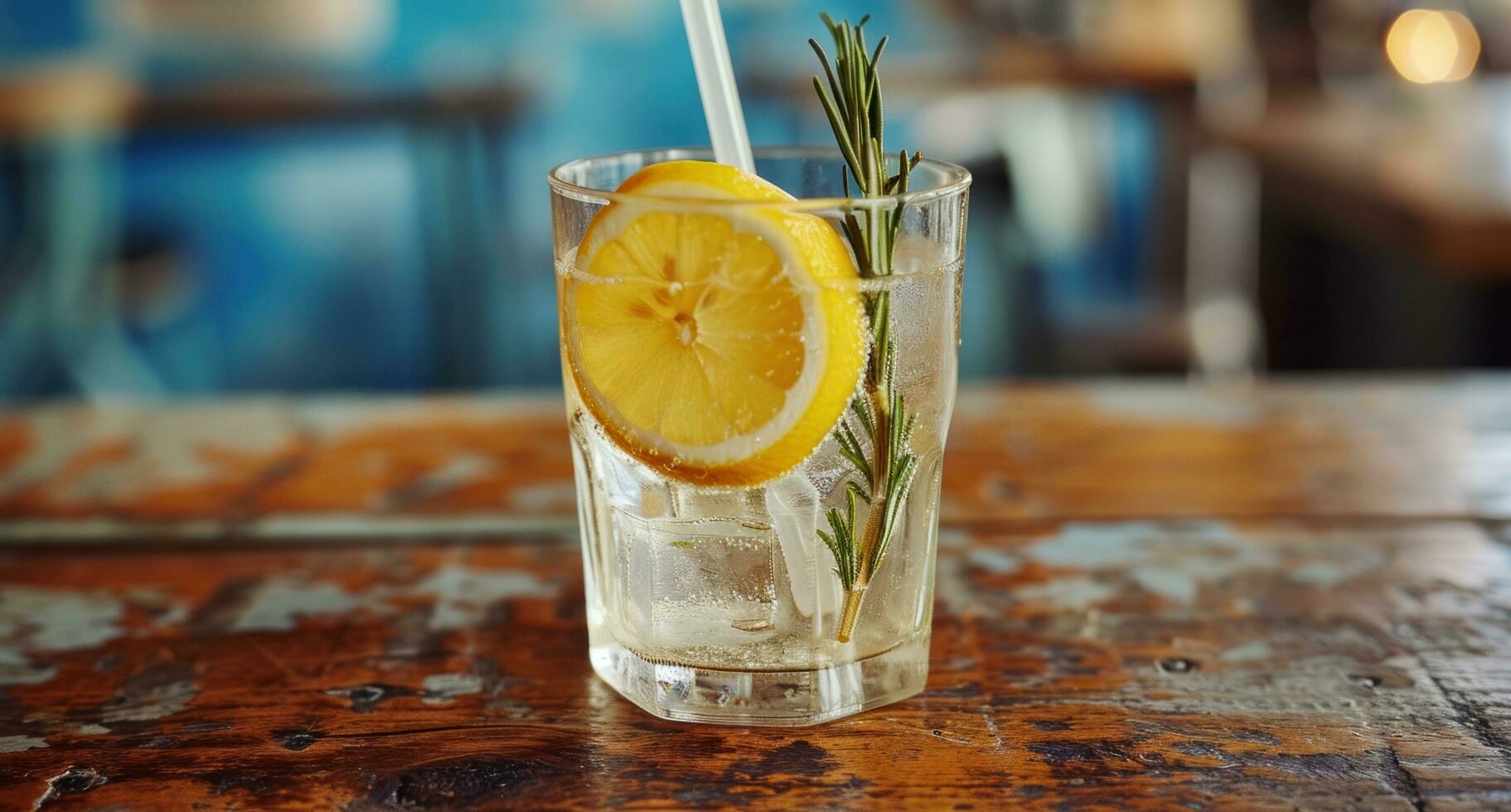AI generated a glass of water with lemon slices and rosemary with a straw photo