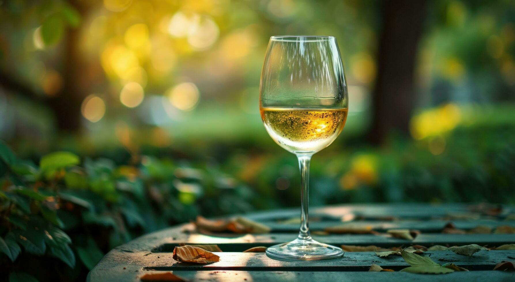 ai generado un vaso de blanco vino es tendido en un mesa al aire libre foto