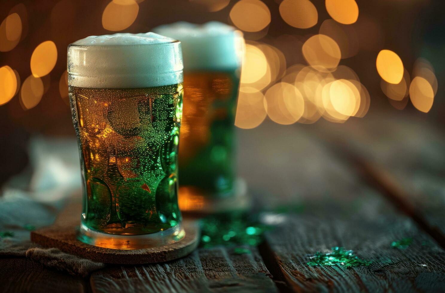 AI generated a merry st patrick's day beer at a wooden table photo