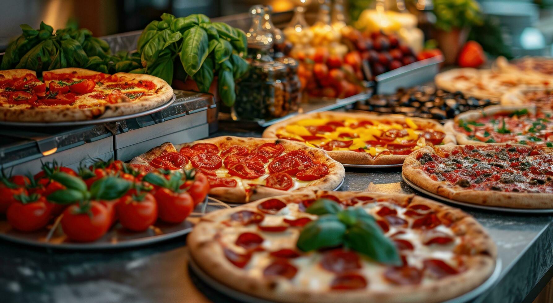 AI generated a table of pizzas and other Italian food on the counter photo