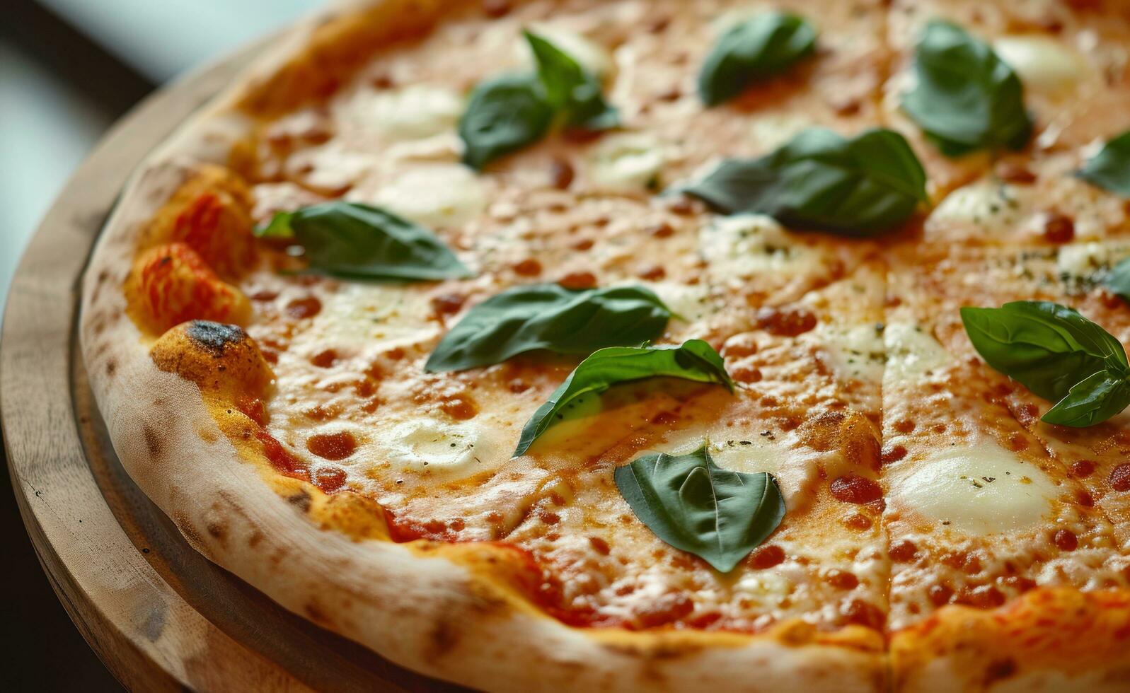 AI generated pizza with cheese and basil in the wooden wood photo