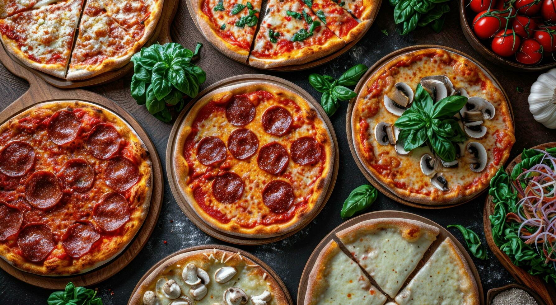 AI generated a variety of pizzas on table with various toppings photo