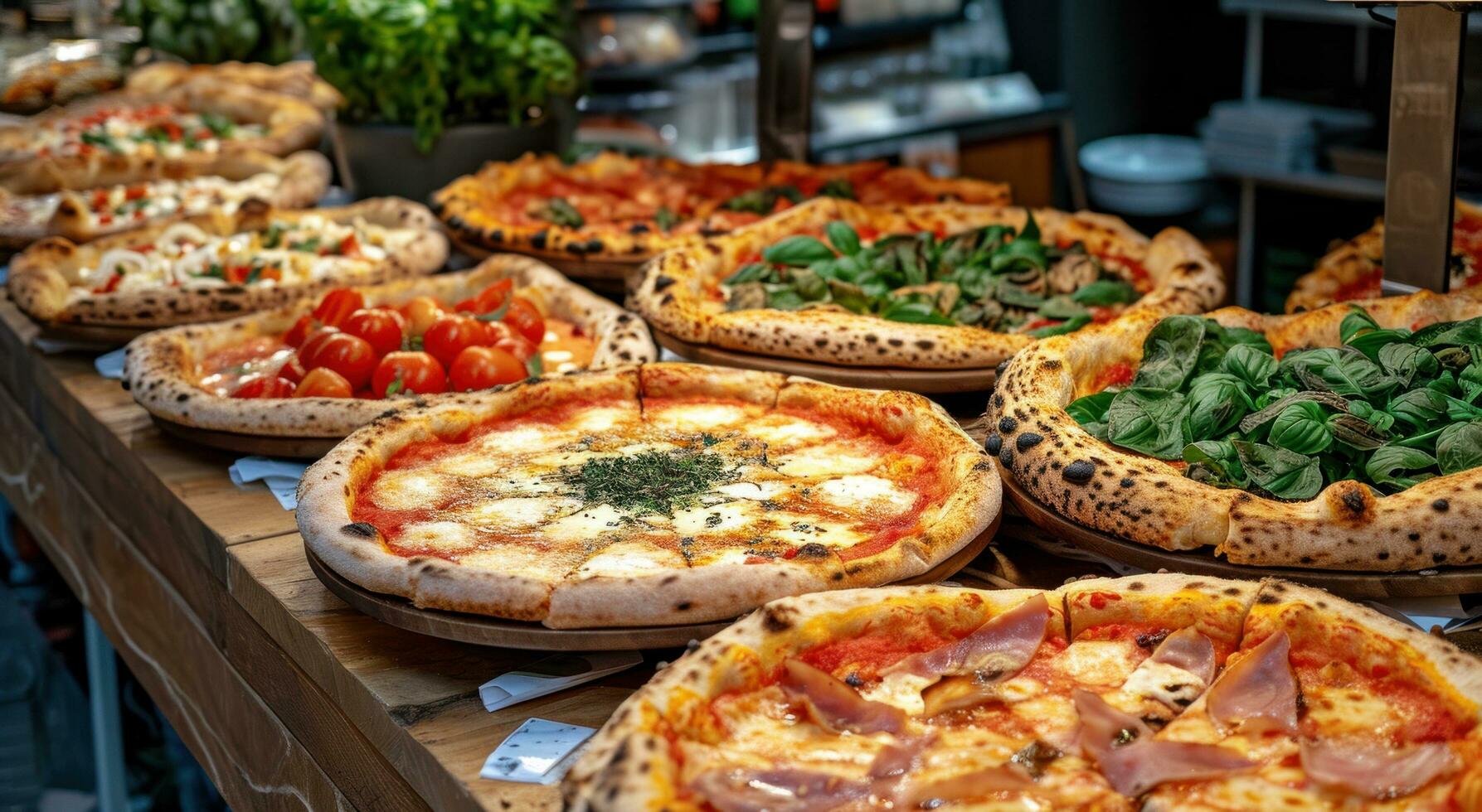 AI generated a table of pizzas and other Italian food on the counter photo