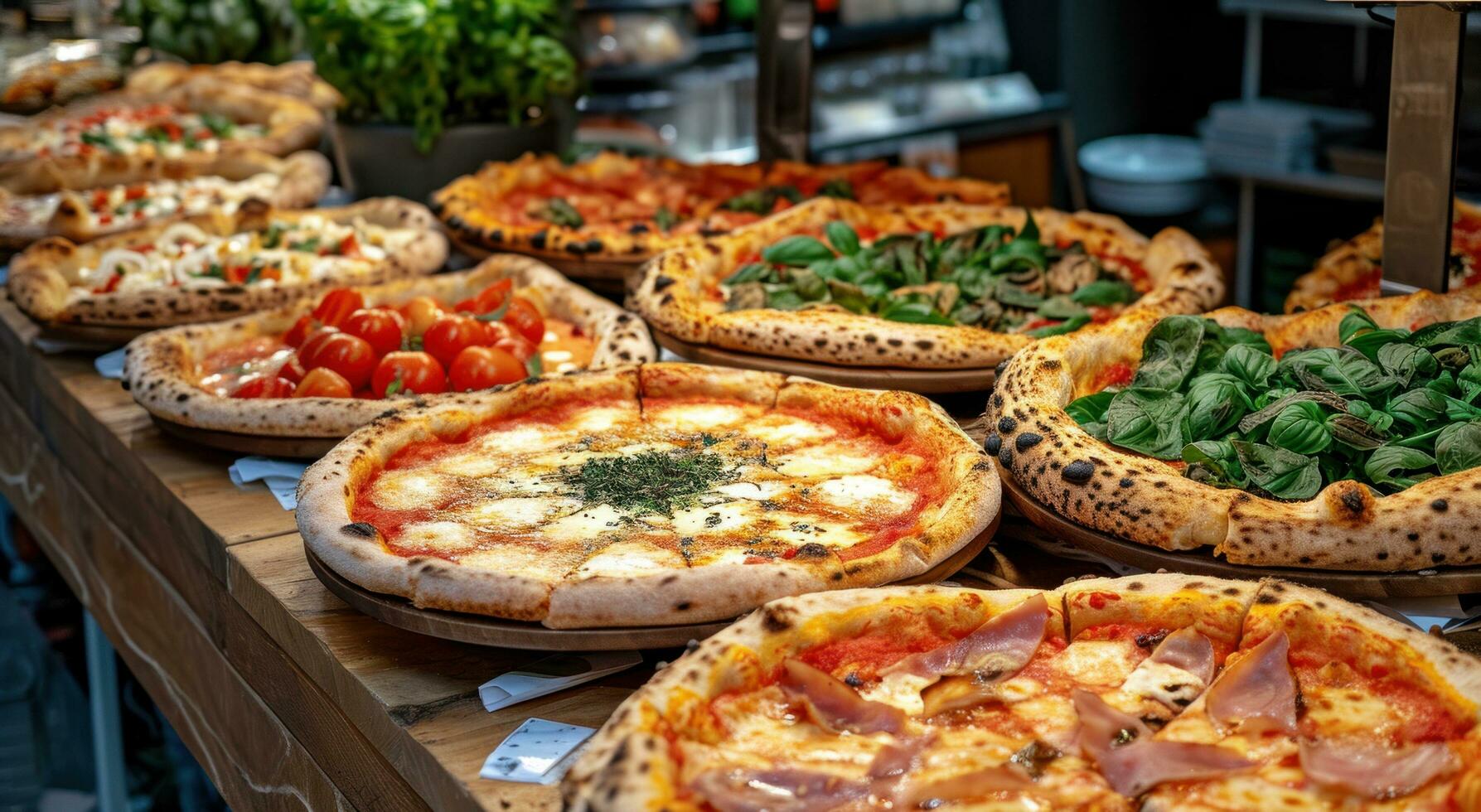 ai generado un mesa de pizzas y otro italiano comida en el mostrador foto