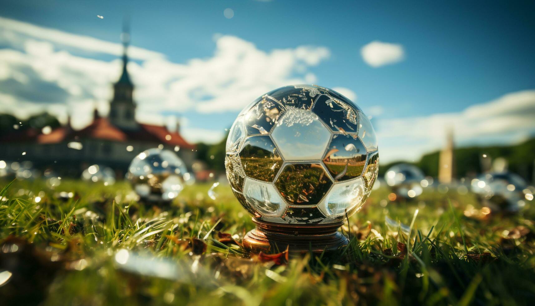 AI generated Shiny blue sphere reflects nature bright summer meadow generated by AI photo
