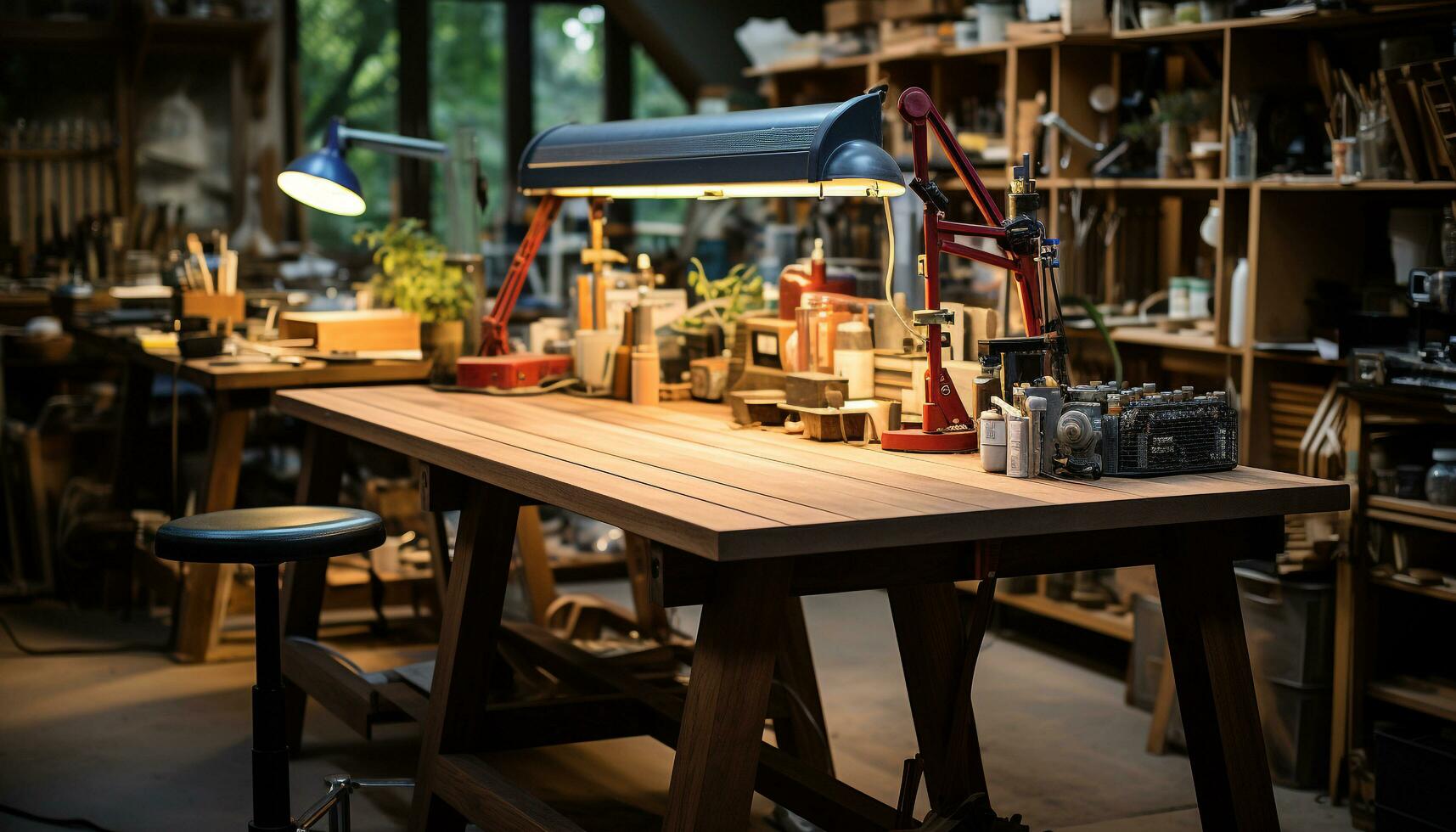 ai generado moderno carpintero taller con madera materiales y herramientas en estantería generado por ai foto