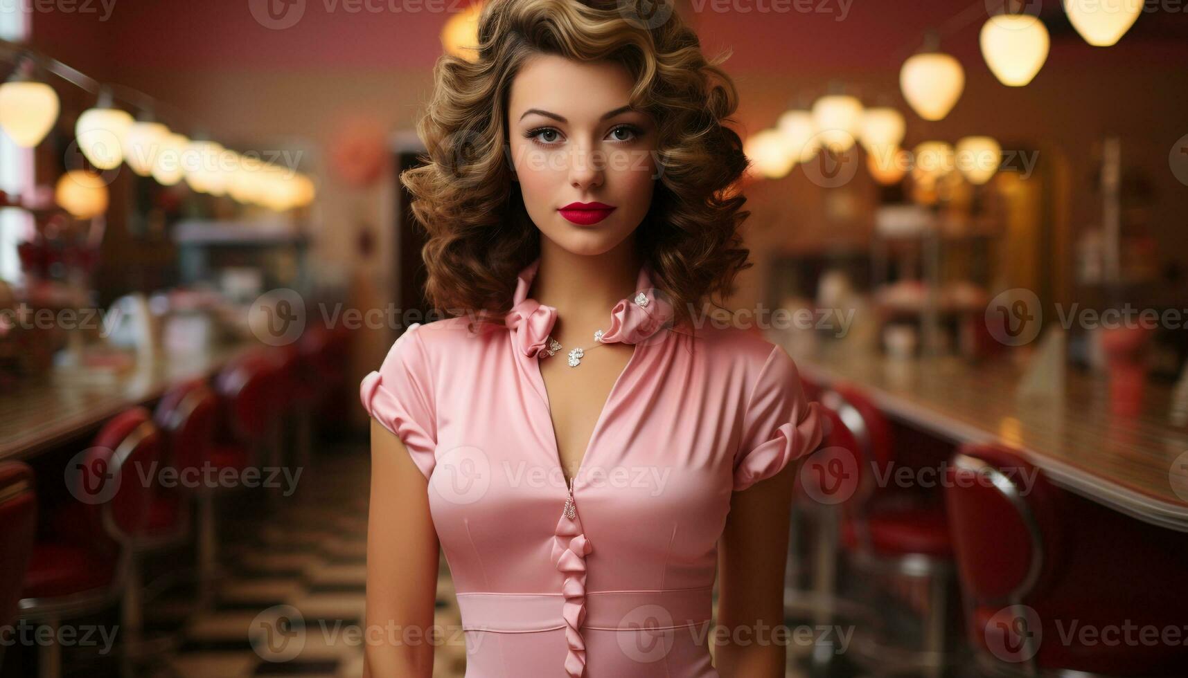 AI generated Young woman in elegant dress, smiling, looking at camera indoors generated by AI photo