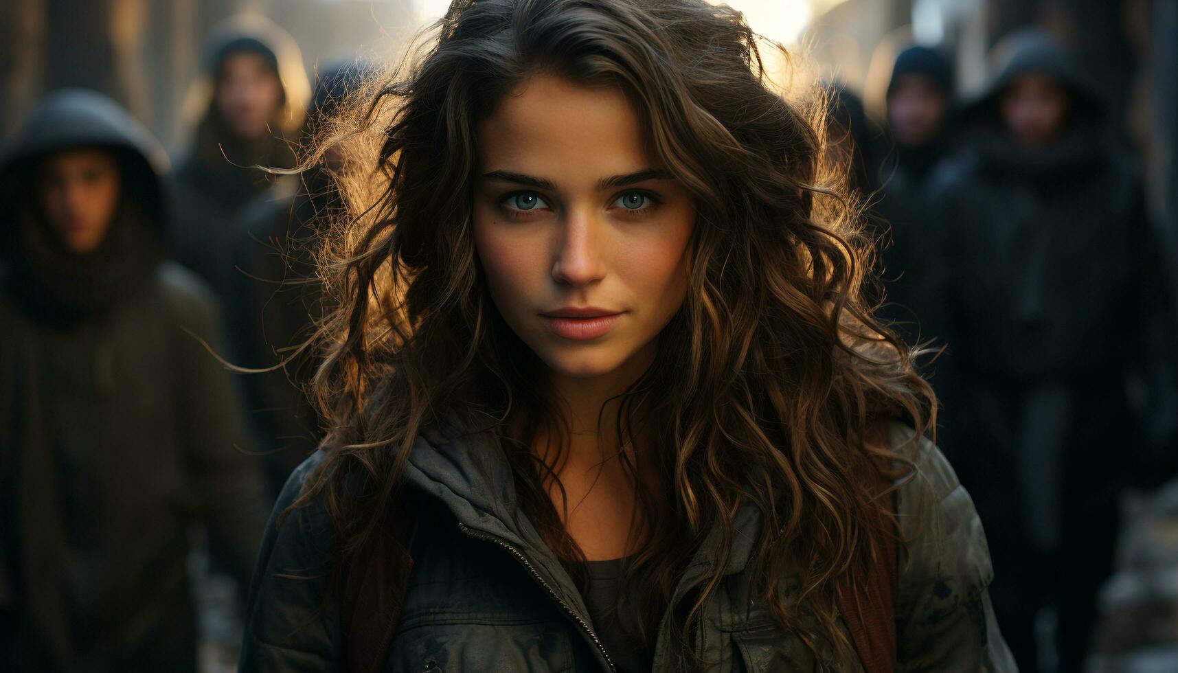 AI generated Young woman in fashionable leather jacket smiling confidently outdoors generated by AI photo