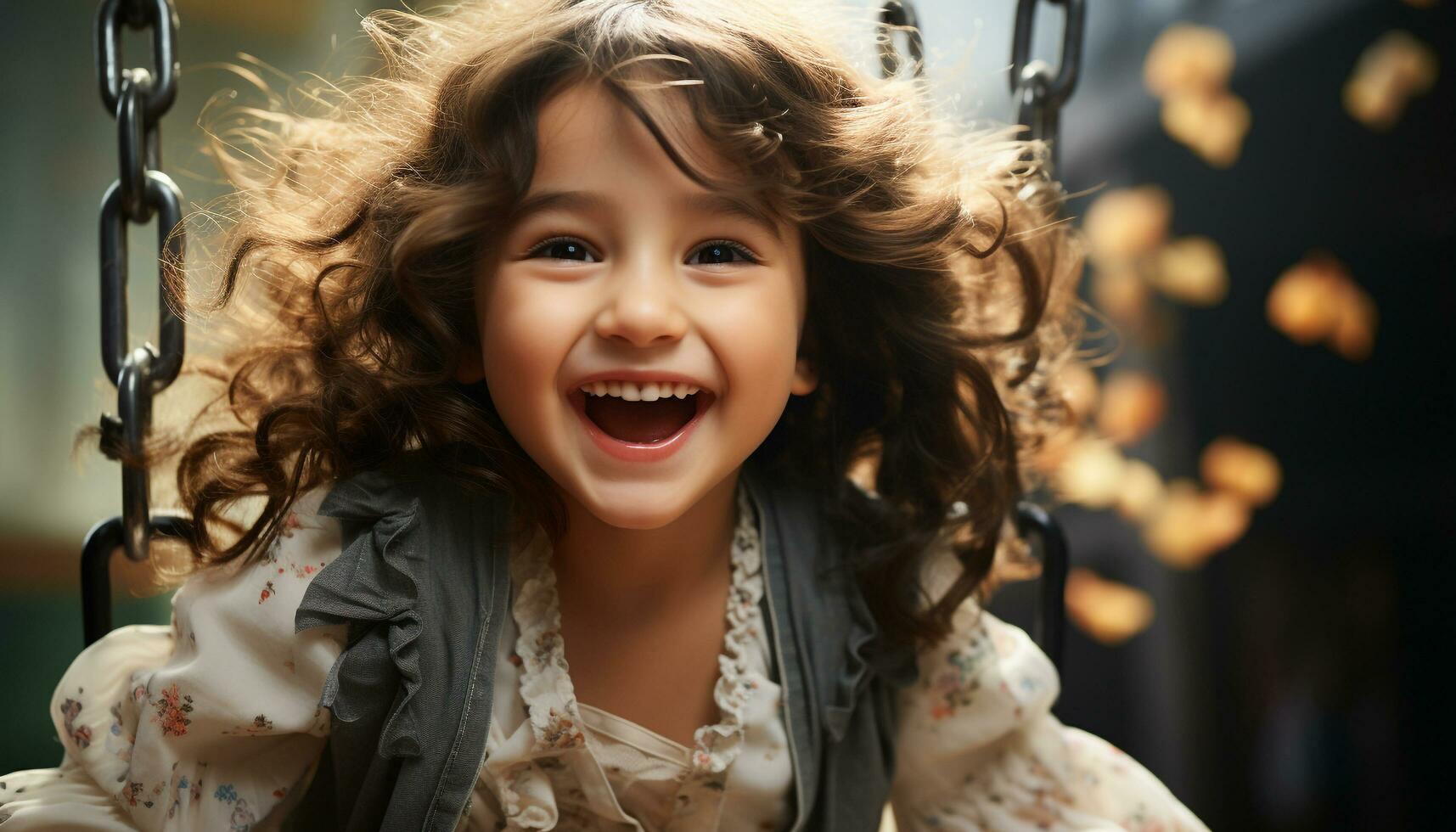 AI generated Smiling child swinging, enjoying playful outdoors with innocence and joy generated by AI photo