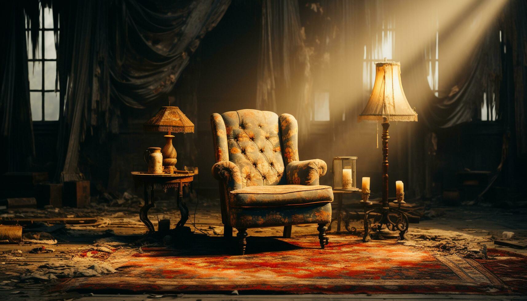 AI generated Cozy old living room with dark wood, burning flame generated by AI photo