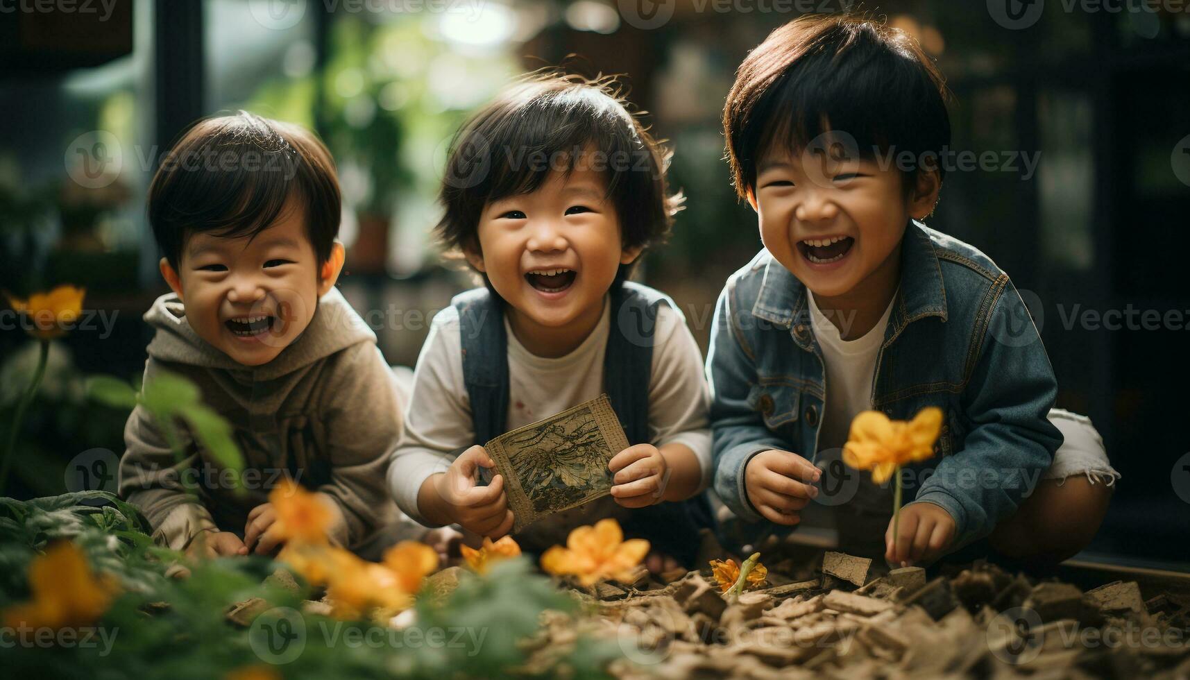 AI generated Smiling boys playing outdoors, enjoying autumn nature with family generated by AI photo