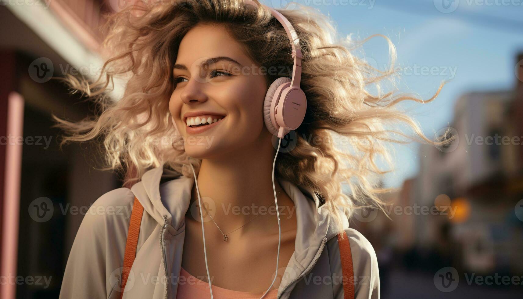 ai generado joven mujer sonriente, escuchando a auriculares mientras trotar al aire libre generado por ai foto