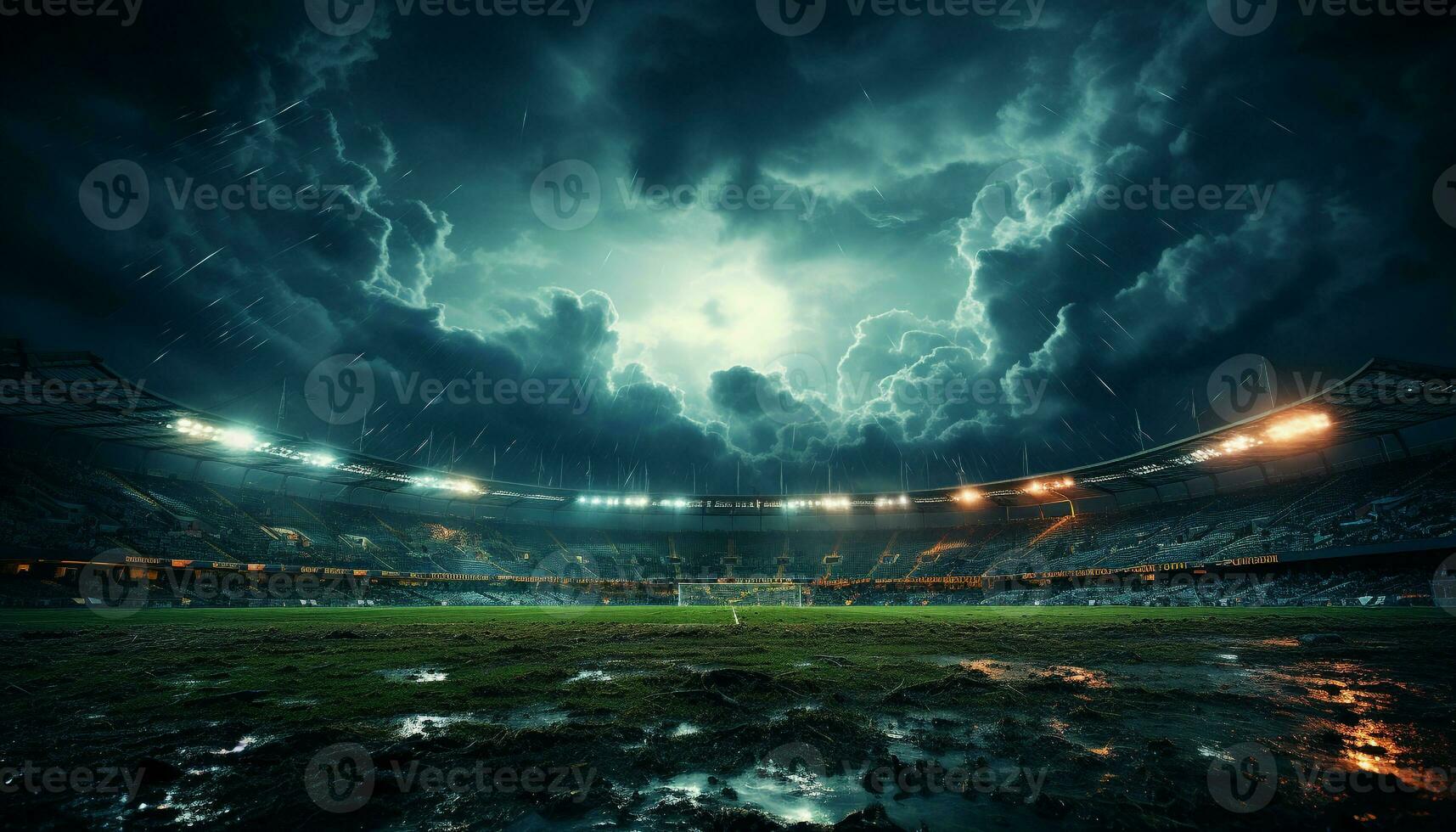 AI generated Soccer field illuminated by bright floodlights, enthusiastic crowd cheers generated by AI photo